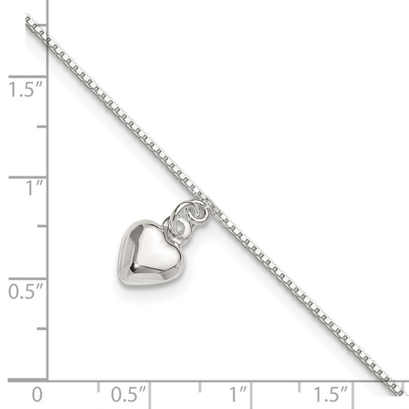 925 Sterling Silver 10inch Polished Puffed Heart Charm Summer Jewelry Anklet - Picture 4 of 6